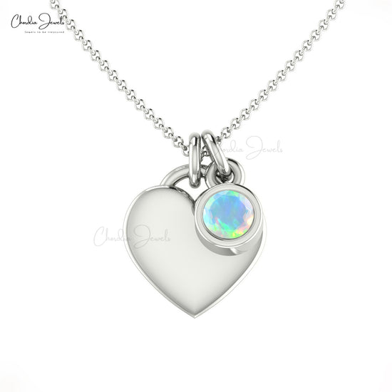 Solitaire Round Cut Natural Opal with Heart Shaped Necklace in Solid 14k Gold