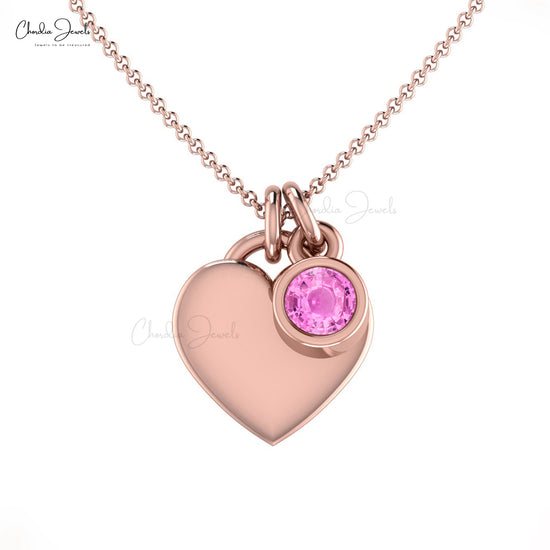 Bezel Set 0.17ct Pink Sapphire Heart Necklace 14k Real Gold Light Weight Solitaire Necklace
