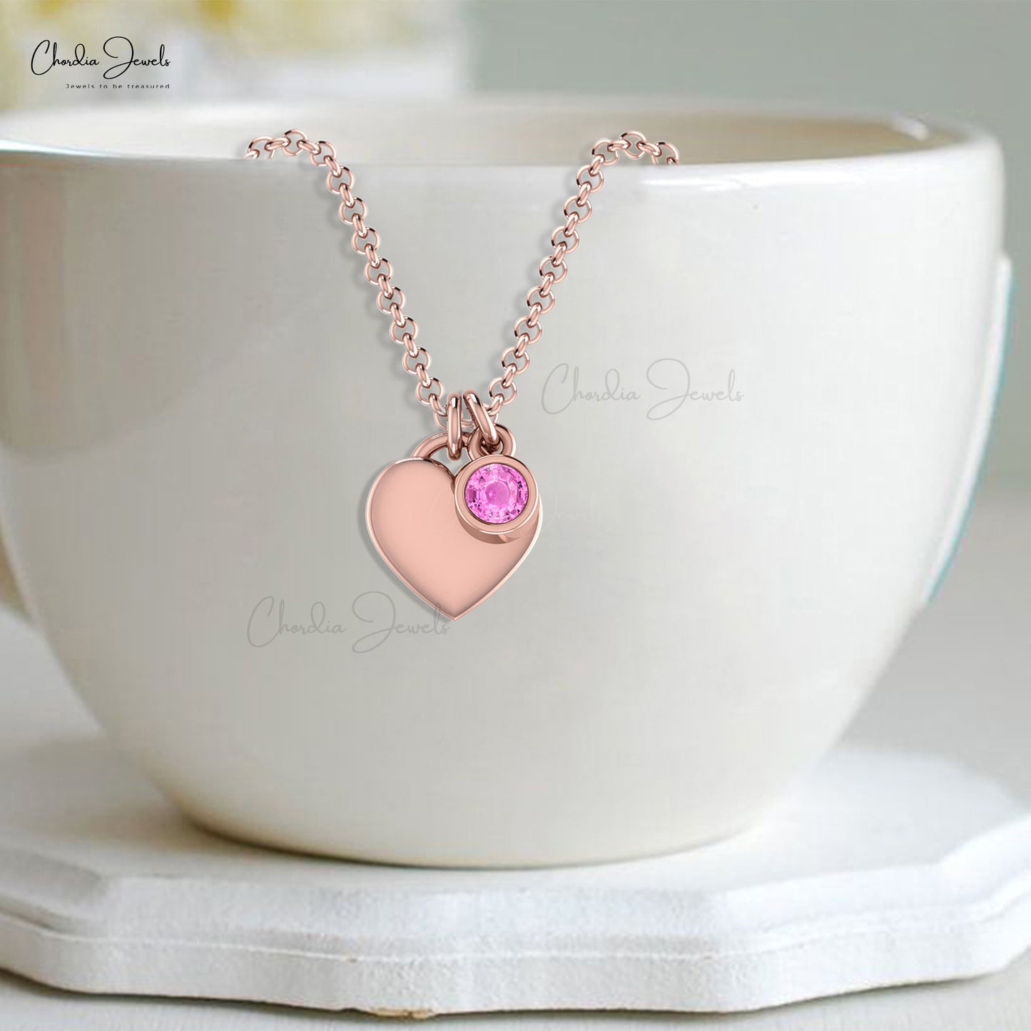 Bezel Set 0.17ct Pink Sapphire Heart Necklace 14k Real Gold Light Weight Solitaire Necklace
