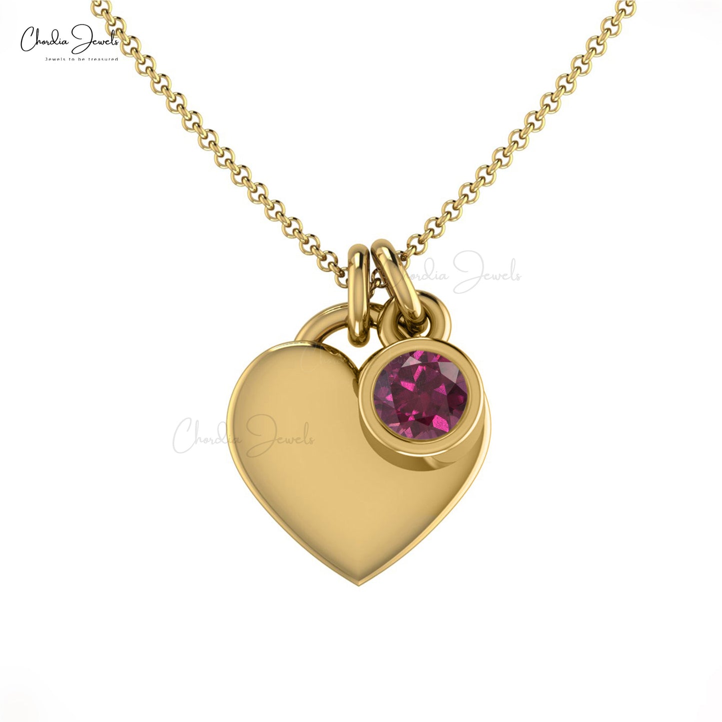 14k Solid Gold Heart Shape Necklace, Natural Rhodolite Garnet Necklace, 3mm Round Faceted Gemstone Solitaire Necklace