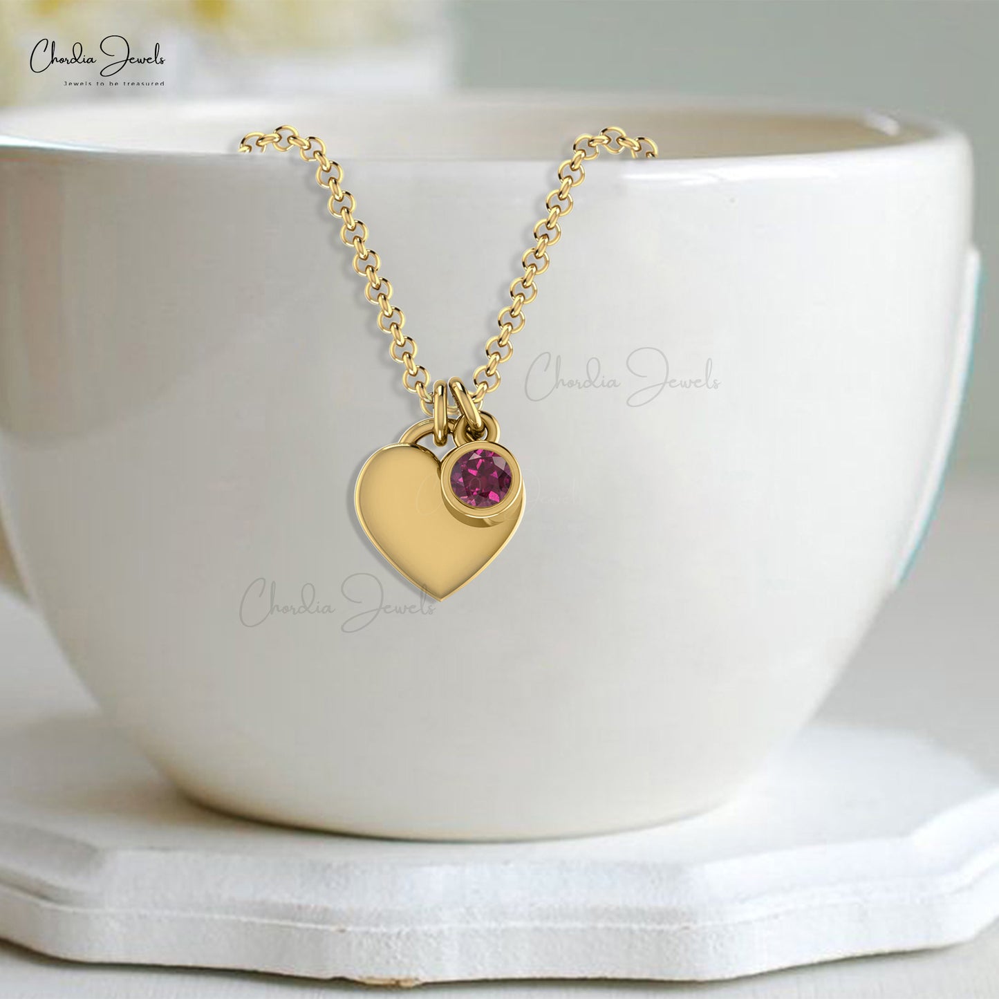 14k Solid Gold Heart Shape Necklace, Natural Rhodolite Garnet Necklace, 3mm Round Faceted Gemstone Solitaire Necklace