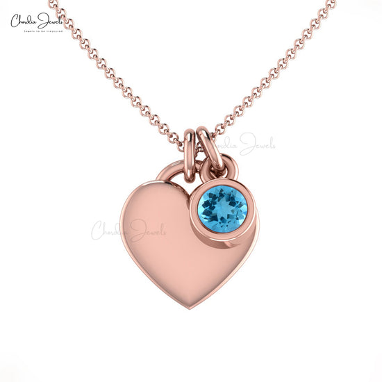 Bezel Set Swiss Blue Topaz Necklace with Solid 14k Gold Heart Charm