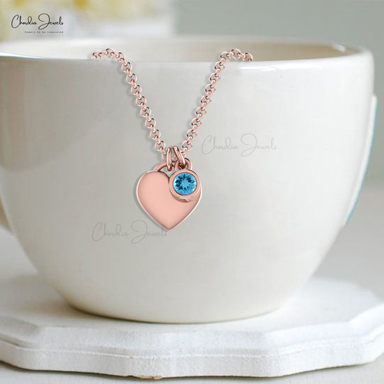 Bezel Set Swiss Blue Topaz Necklace with Solid 14k Gold Heart Charm