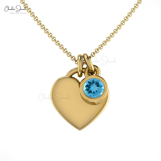 Bezel Set Swiss Blue Topaz Necklace with Solid 14k Gold Heart Charm