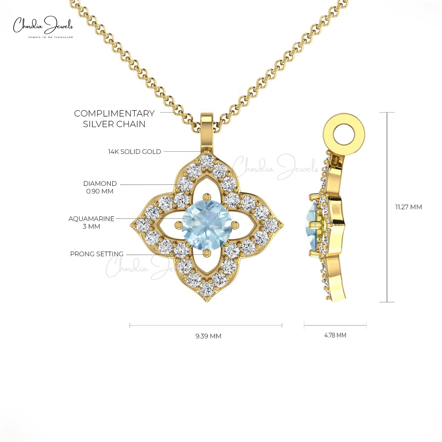 Natural Aquamarine 14K Gold Pendant Necklace for Engagement
