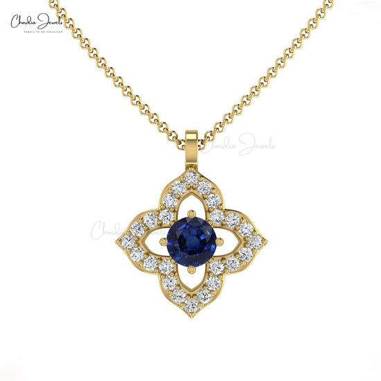Beautiful Natural White Diamond Floral Pendant Necklace 3mm Round Blue Sapphire Gemstone Pendant in 14k Solid Gold Engagement Gift