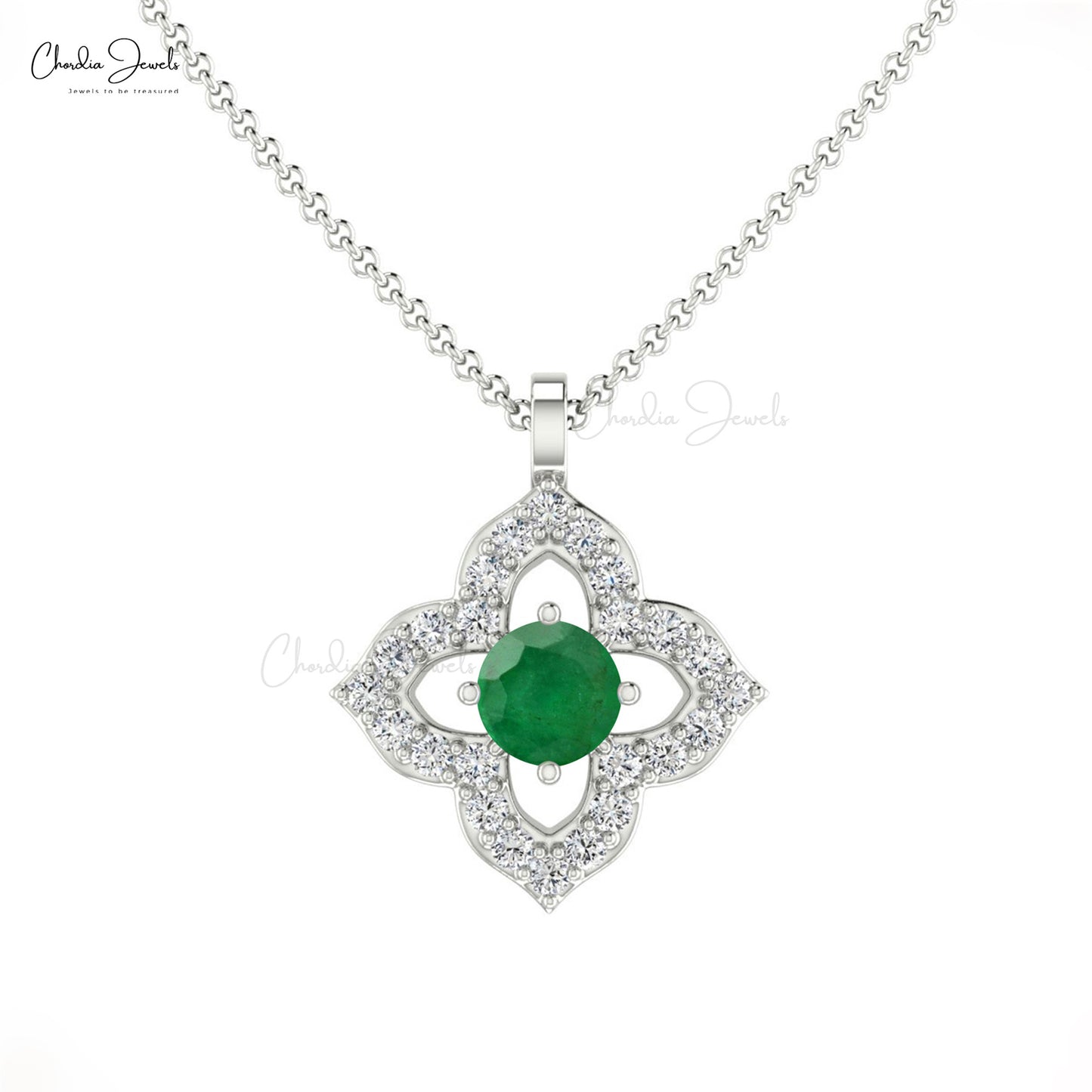 Load image into Gallery viewer, Floral Pendant With Natural Emerald Gemstone 14k Solid Gold Diamond Accents Unique Pendant
