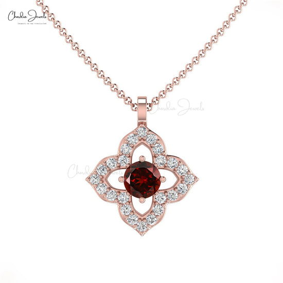 Elegant Round Garnet Pendant Necklace in 14K Gold with G-H Diamond