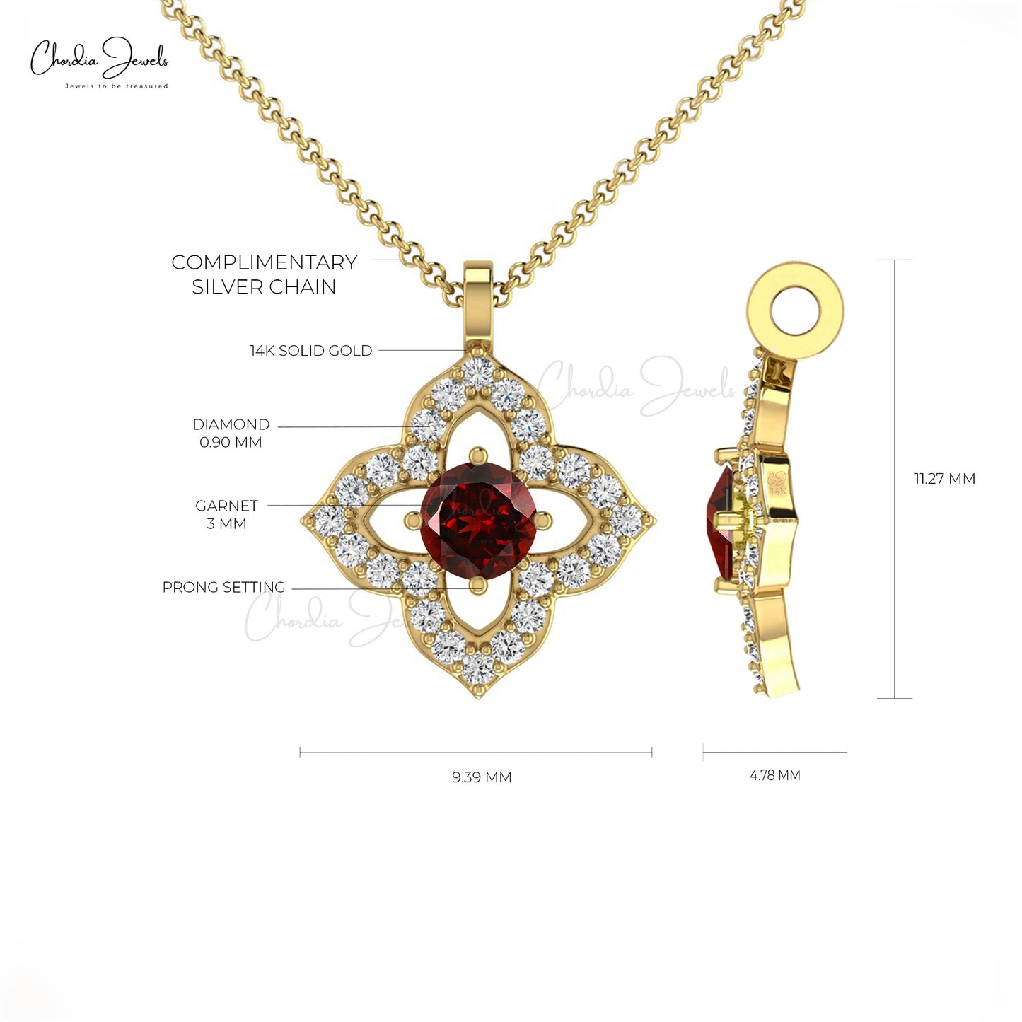 Elegant Round Garnet Pendant Necklace in 14K Gold with G-H Diamond