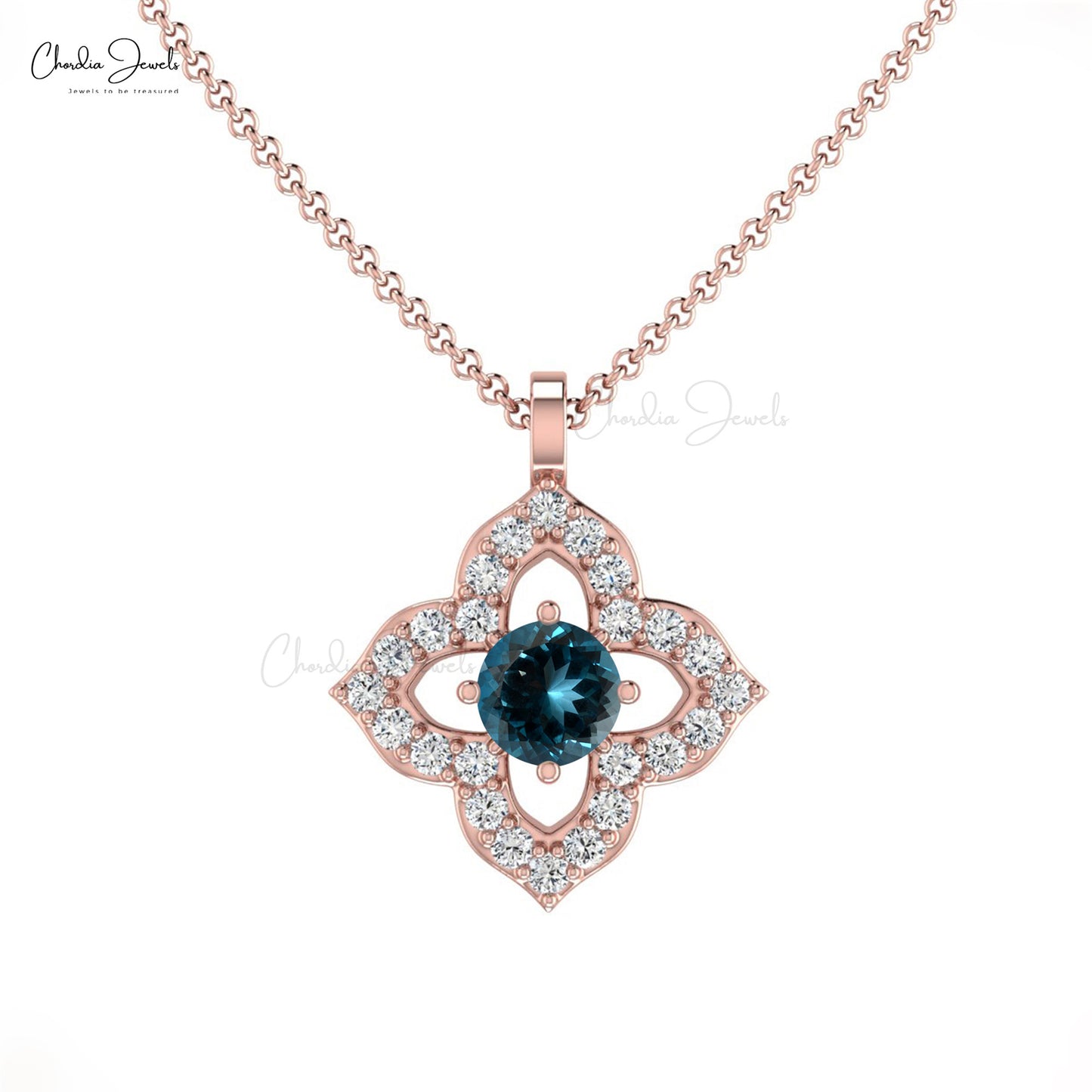 Latest Design Floral Charm Pendant Authentic London Blue Topaz and White Diamond Pendant Necklace 14k Real Gold Hallmarked Jewelry For Gift