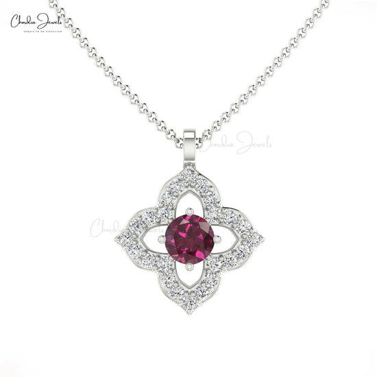 Minimalist 14K Gold Round Rhodolite Garnet & Diamond Pendant