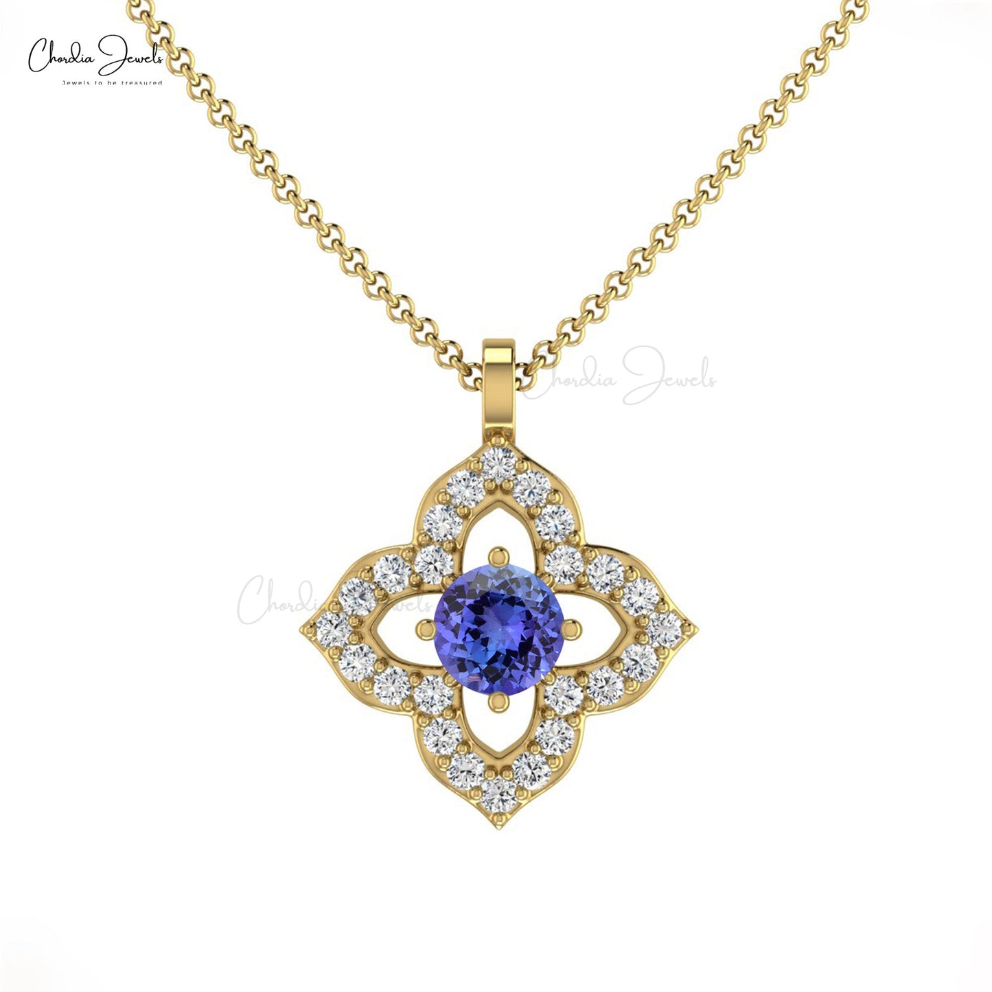 Beautiful Floral Pendant 3mm Round Natural Tanzanite Gemstone Pendant Necklace 14k Pure Gold Diamond Jewelry For Valentine's Day Gift