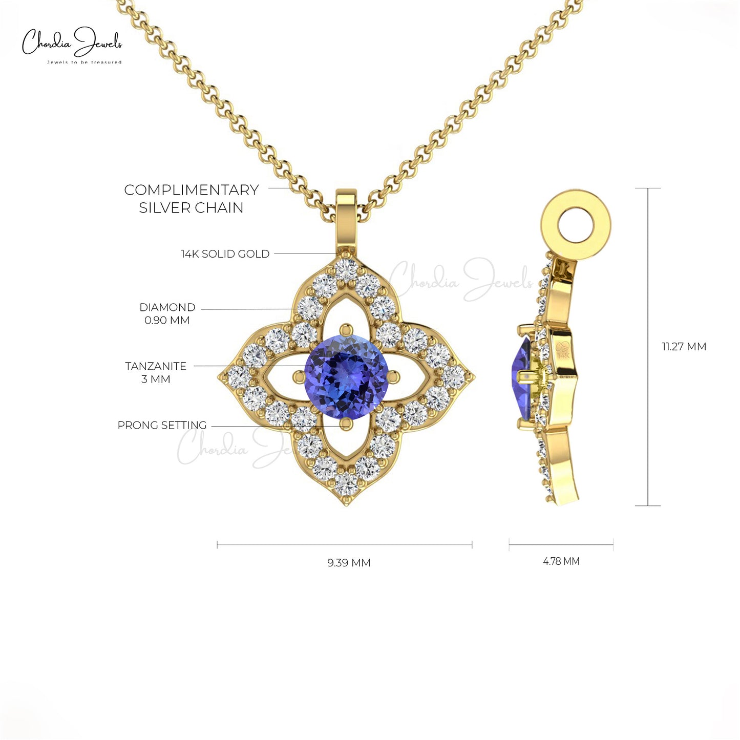 Beautiful Floral Pendant 3mm Round Natural Tanzanite Gemstone Pendant Necklace 14k Pure Gold Diamond Jewelry For Valentine's Day Gift