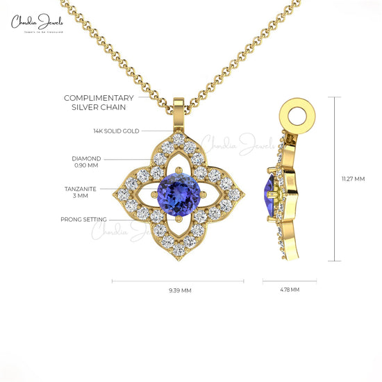 Beautiful Floral Pendant 3mm Round Natural Tanzanite Gemstone Pendant Necklace 14k Pure Gold Diamond Jewelry For Valentine's Day Gift