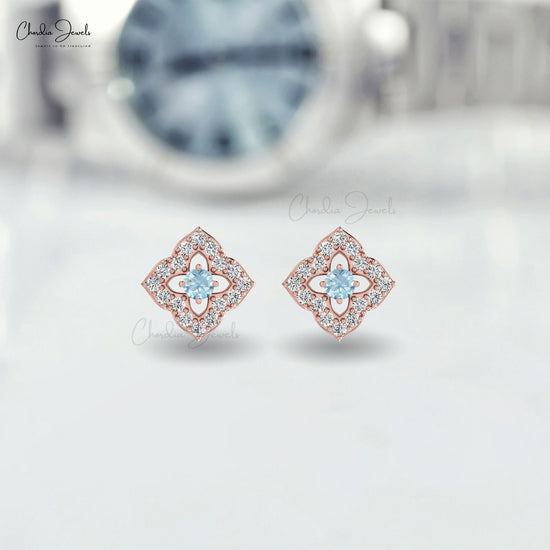 Stunning Round Cut Aquamarine Stud Earrings in 14K Gold with G-H Diamond