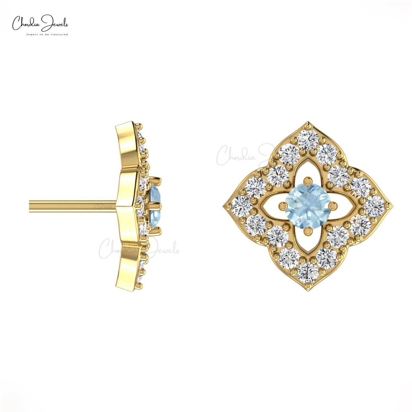 Stunning Round Cut Aquamarine Stud Earrings in 14K Gold with G-H Diamond