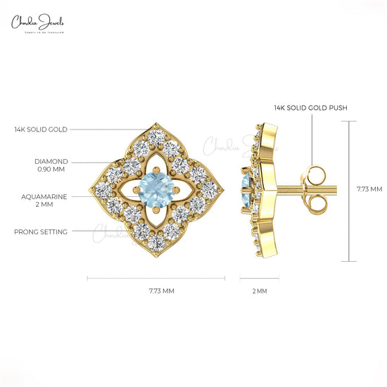 Stunning Round Cut Aquamarine Stud Earrings in 14K Gold with G-H Diamond