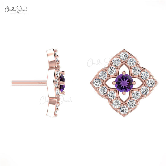 Rose Gold Natural Amethyst Stud Earrings Diamond Accent