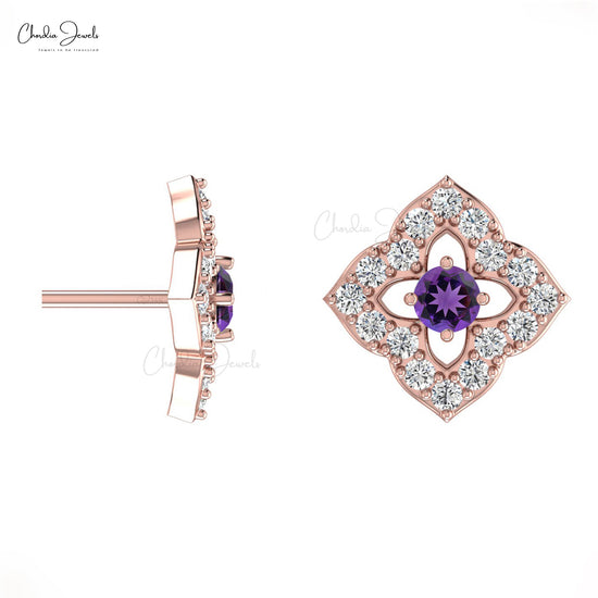 Load image into Gallery viewer, Rose Gold Natural Amethyst Stud Earrings Diamond Accent
