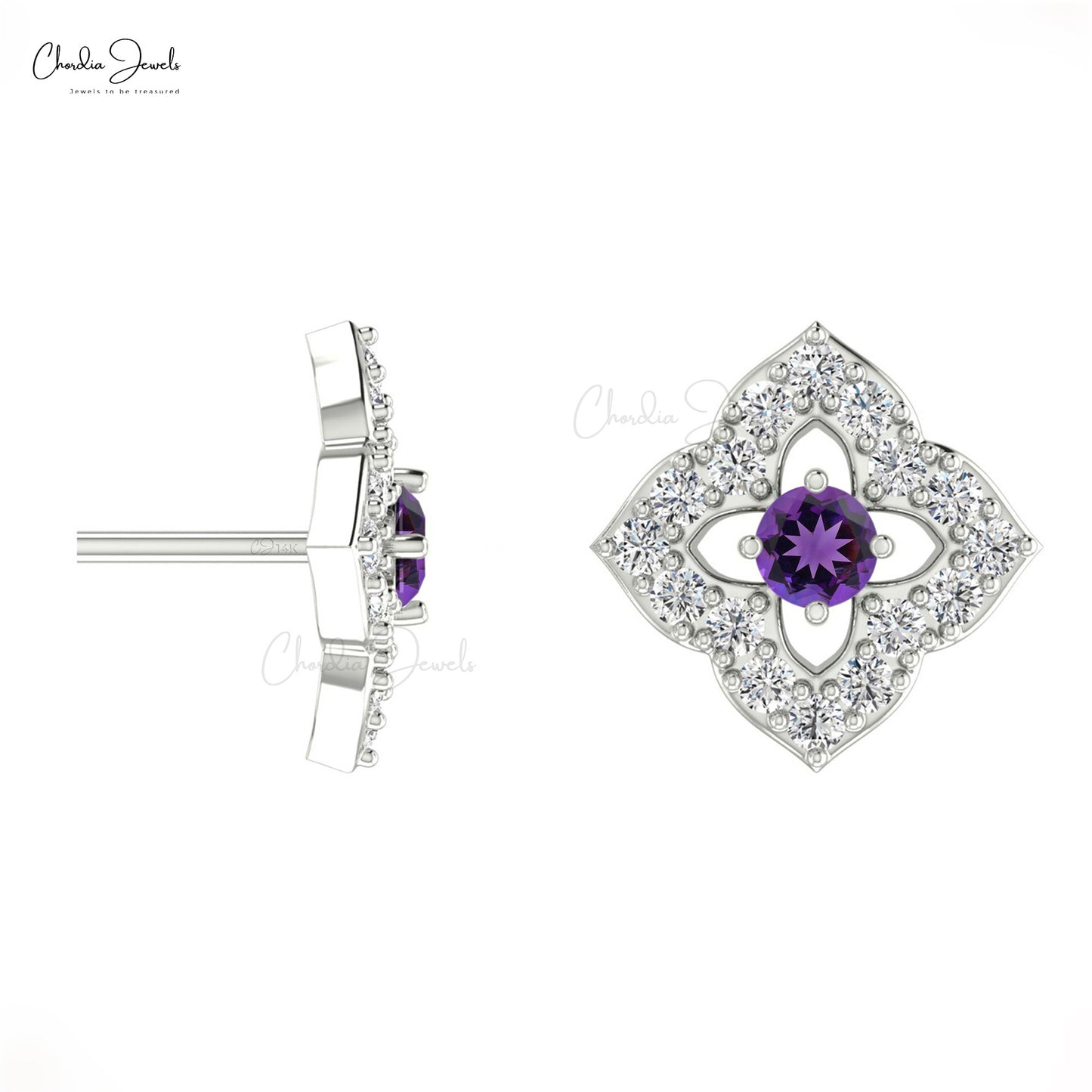 White Gold Natural Amethyst Stud Earrings Diamond Accent