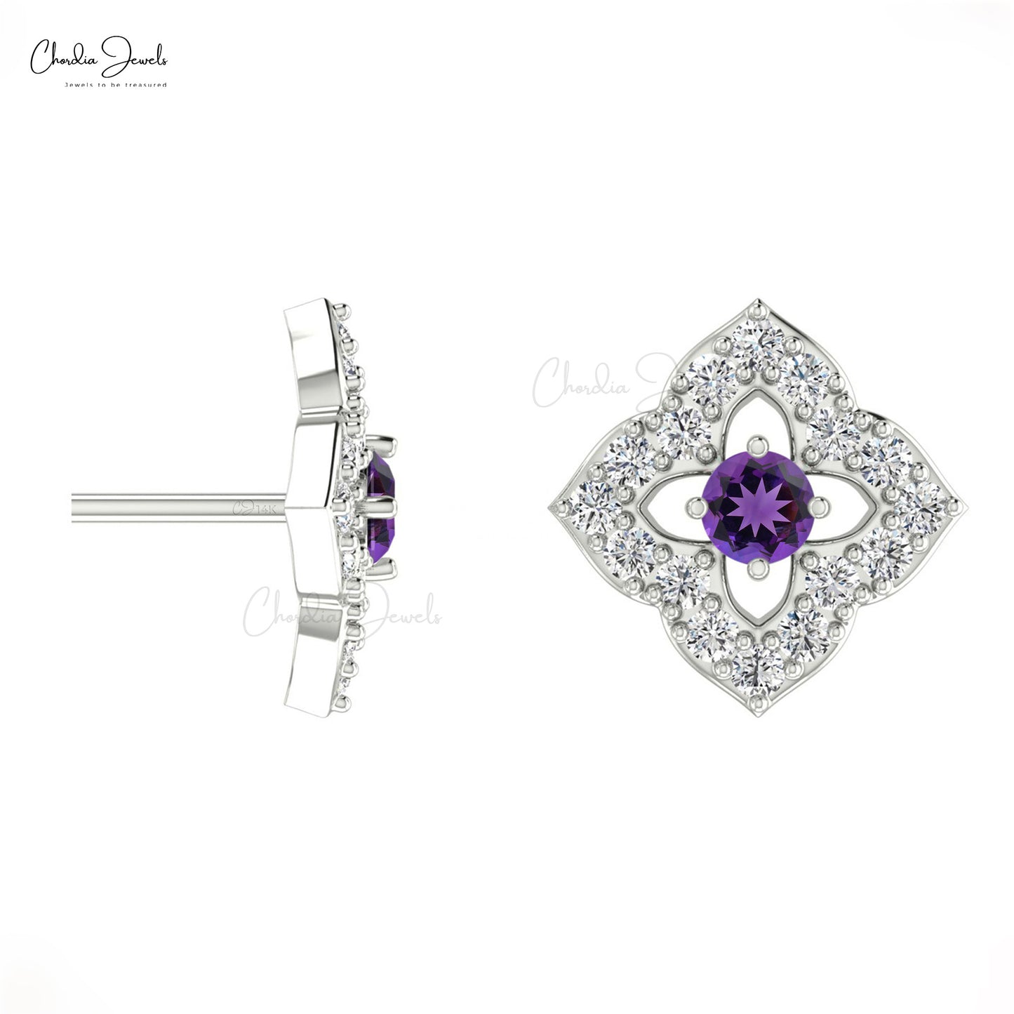 Load image into Gallery viewer, White Gold Natural Amethyst Stud Earrings Diamond Accent
