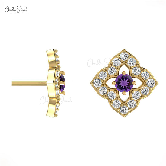 Gold Natural Amethyst Stud Earrings Diamond Accent