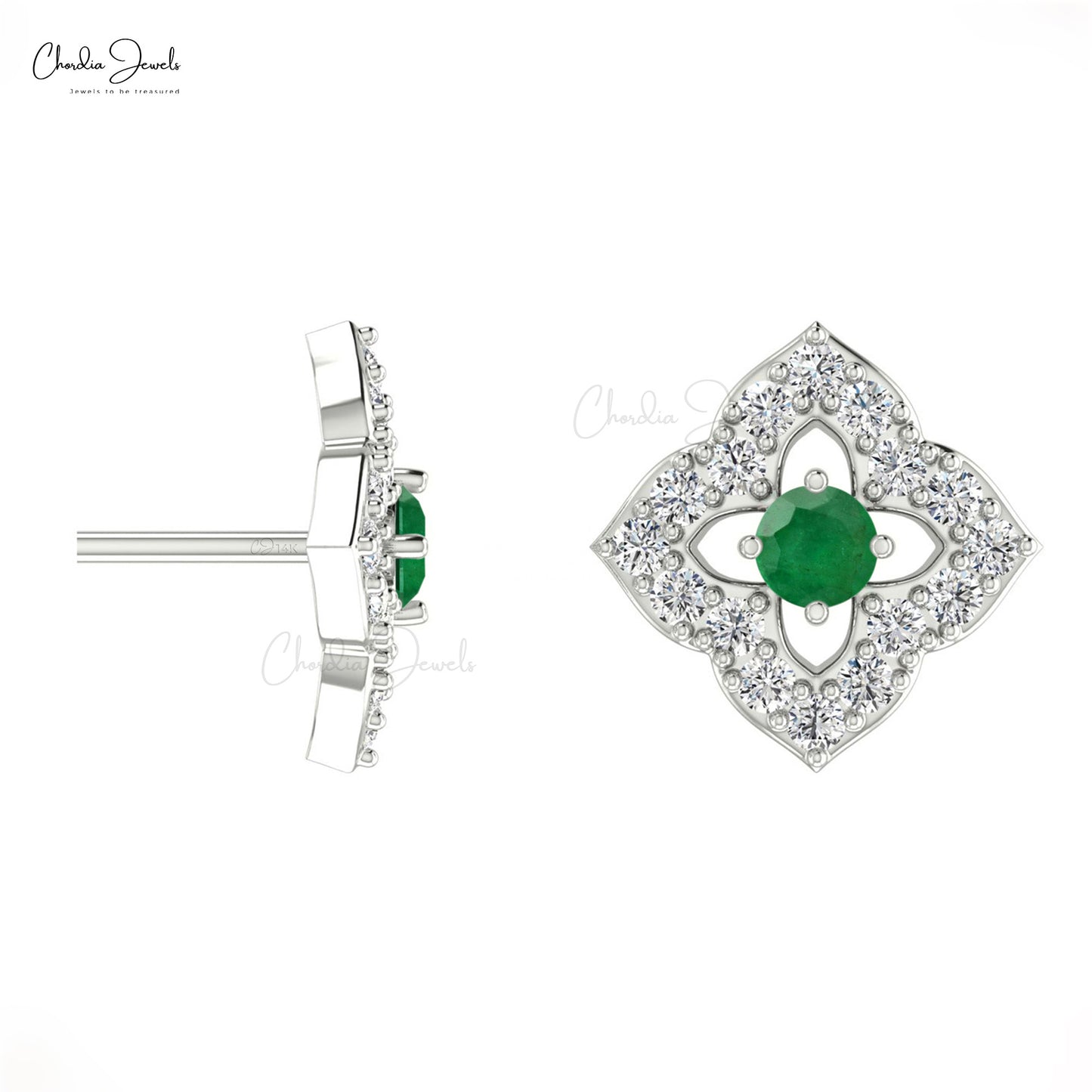 Load image into Gallery viewer, Real 14k Gold Green Emerald Floral Studs 0.90mm Round Cut White Diamond Pave Set Art Deco Genuine Earrings For Her

