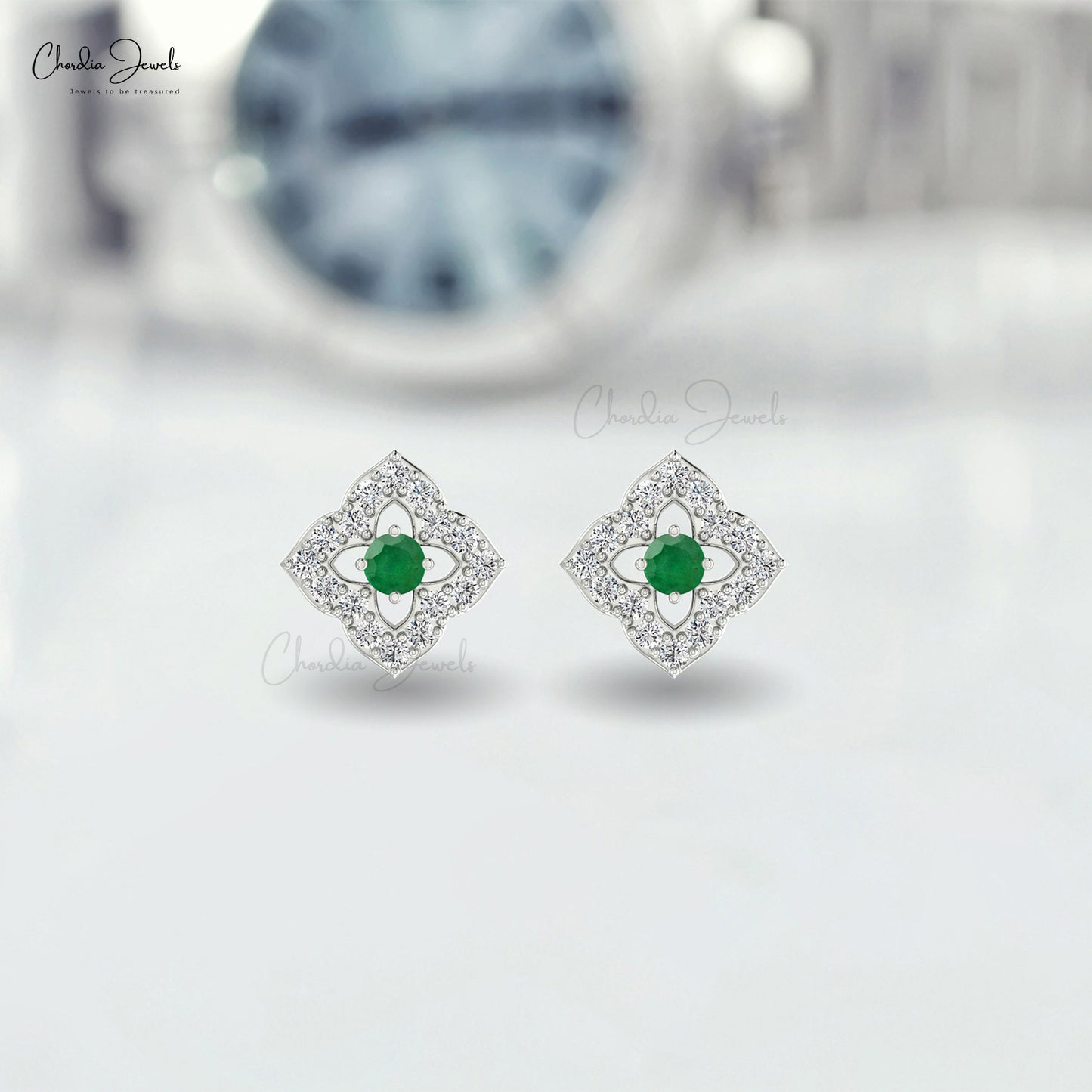 Load image into Gallery viewer, Real 14k Gold Green Emerald Floral Studs 0.90mm Round Cut White Diamond Pave Set Art Deco Genuine Earrings For Her
