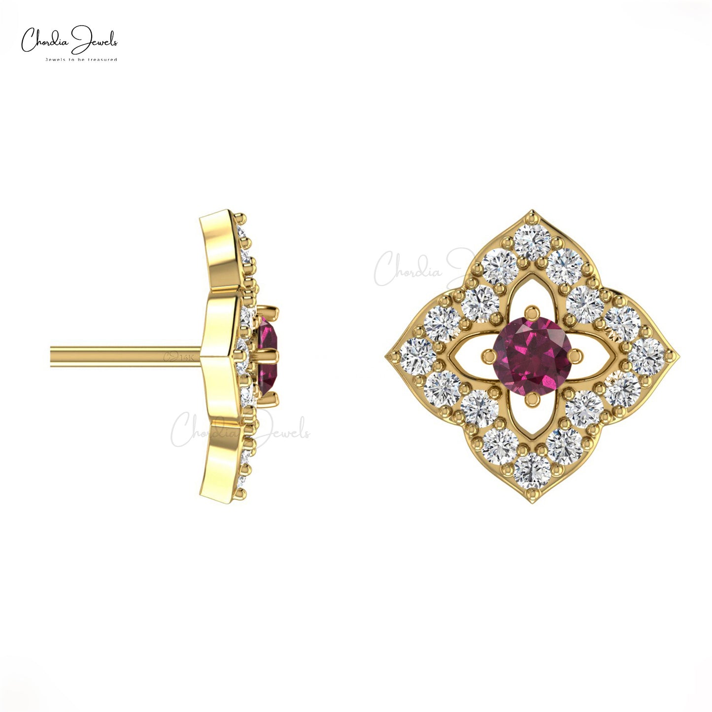 Load image into Gallery viewer, High Quality 14K Gold Rhodolite Garnet &amp;amp; Round Diamond Stud Earring in Prong Set
