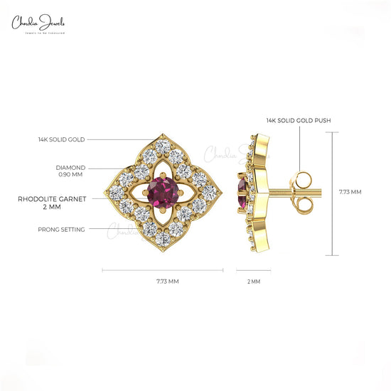 Load image into Gallery viewer, High Quality 14K Gold Rhodolite Garnet &amp;amp; Round Diamond Stud Earring in Prong Set
