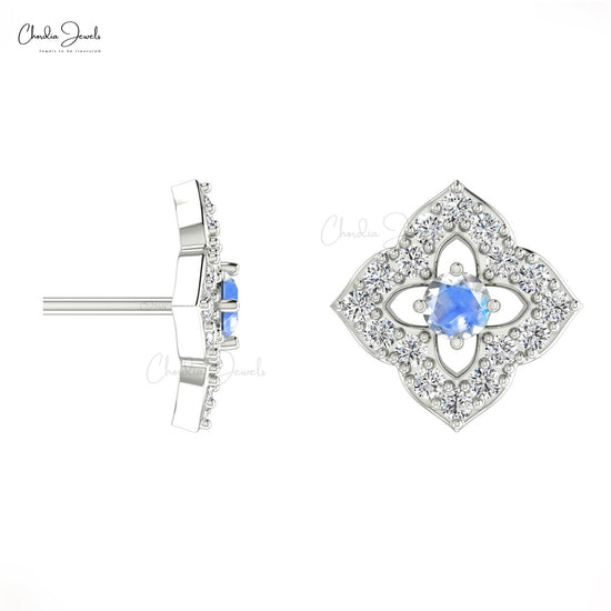 Load image into Gallery viewer, Genuine 14K Gold Rainbow Moonstone &amp;amp; Round Diamond Stud Earrings For Woman
