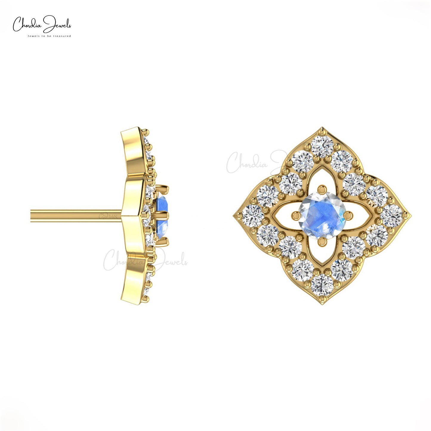 Genuine 14K Gold Rainbow Moonstone & Round Diamond Stud Earrings For Woman