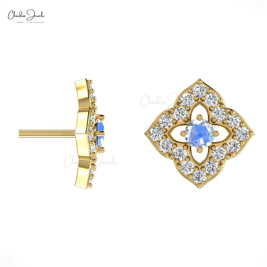 Genuine 14K Gold Rainbow Moonstone & Round Diamond Stud Earrings For Woman