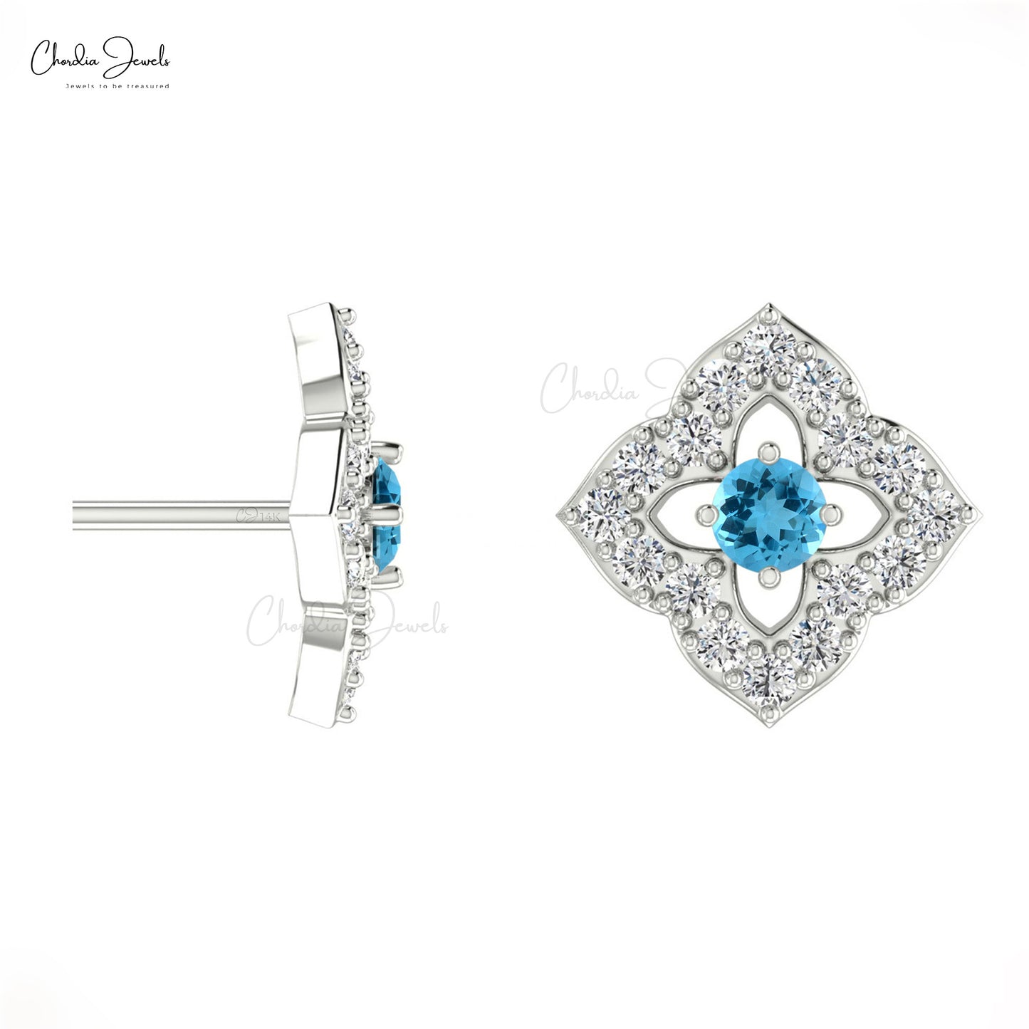 2MM Round Cut Swiss Blue Topaz & Diamond Stud Earrings For Woman