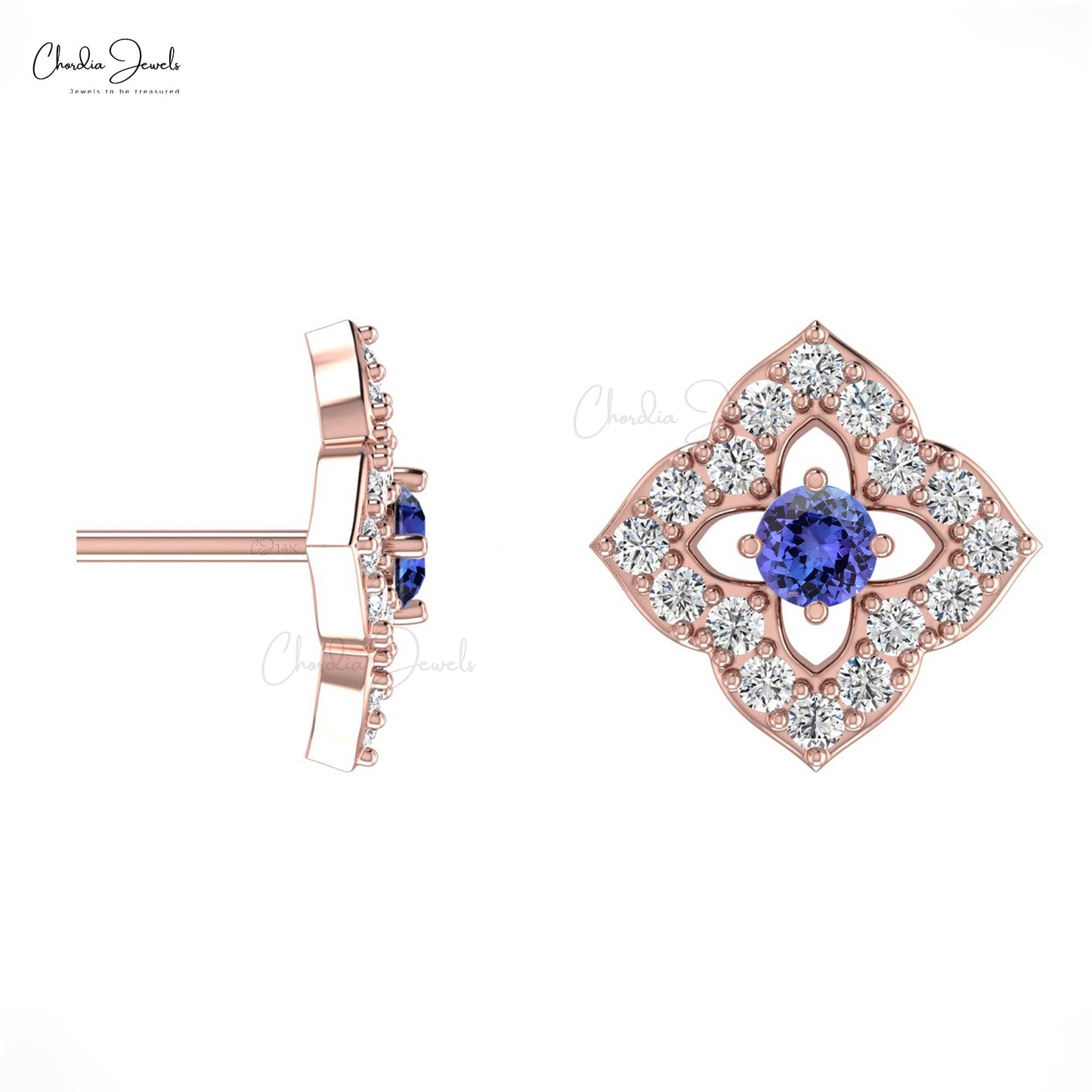 Elegant Floral Tanzanite Studs with Diamonds Accent 14k Gold Charm Jewelry Anniversary Gift