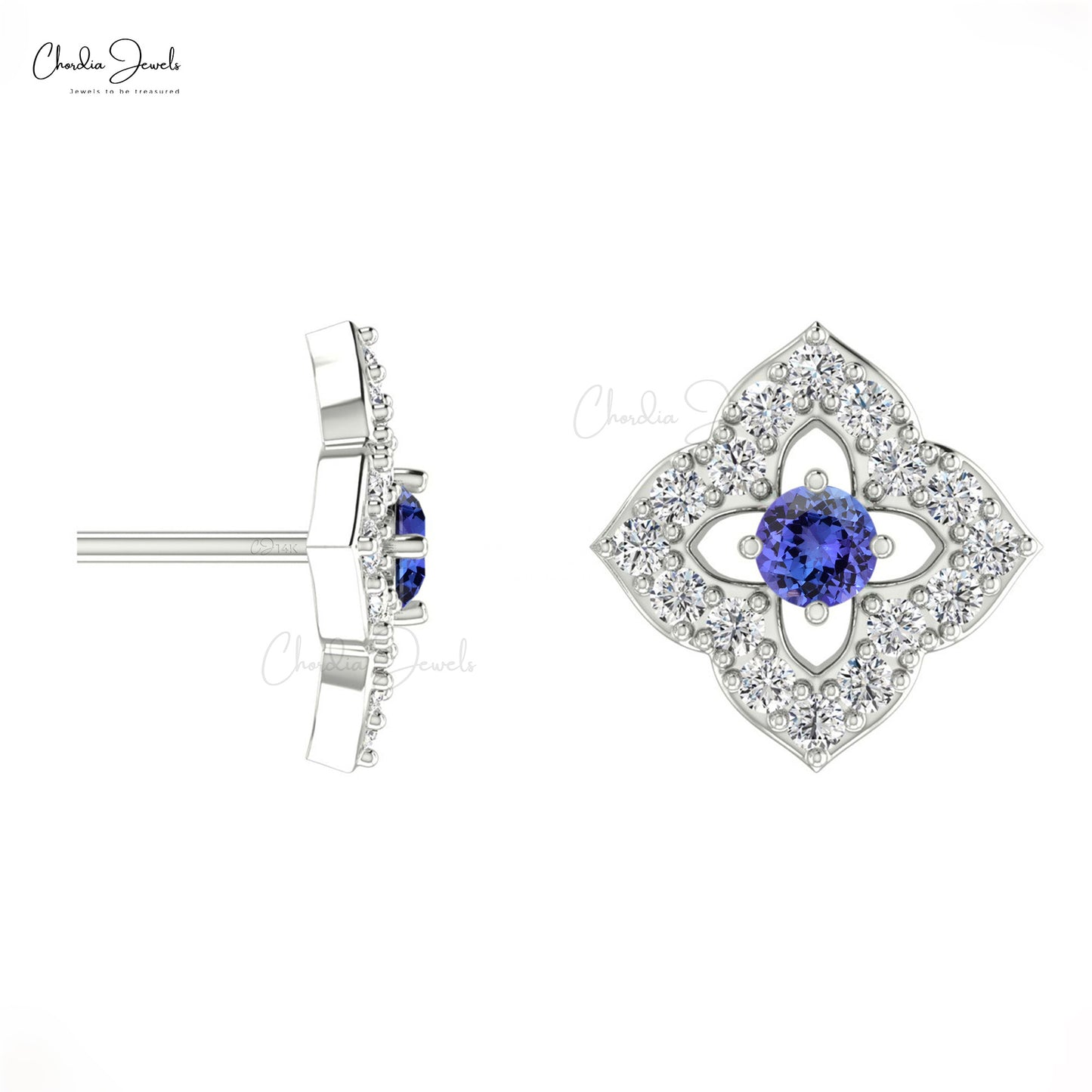 Load image into Gallery viewer, Real 14k Gold 0.10 Ct White Diamond Floral Studs For Wedding 2mm Round Cut December Birthstone Natural Tanzanite Minimalist Stud Earrings Jewelry
