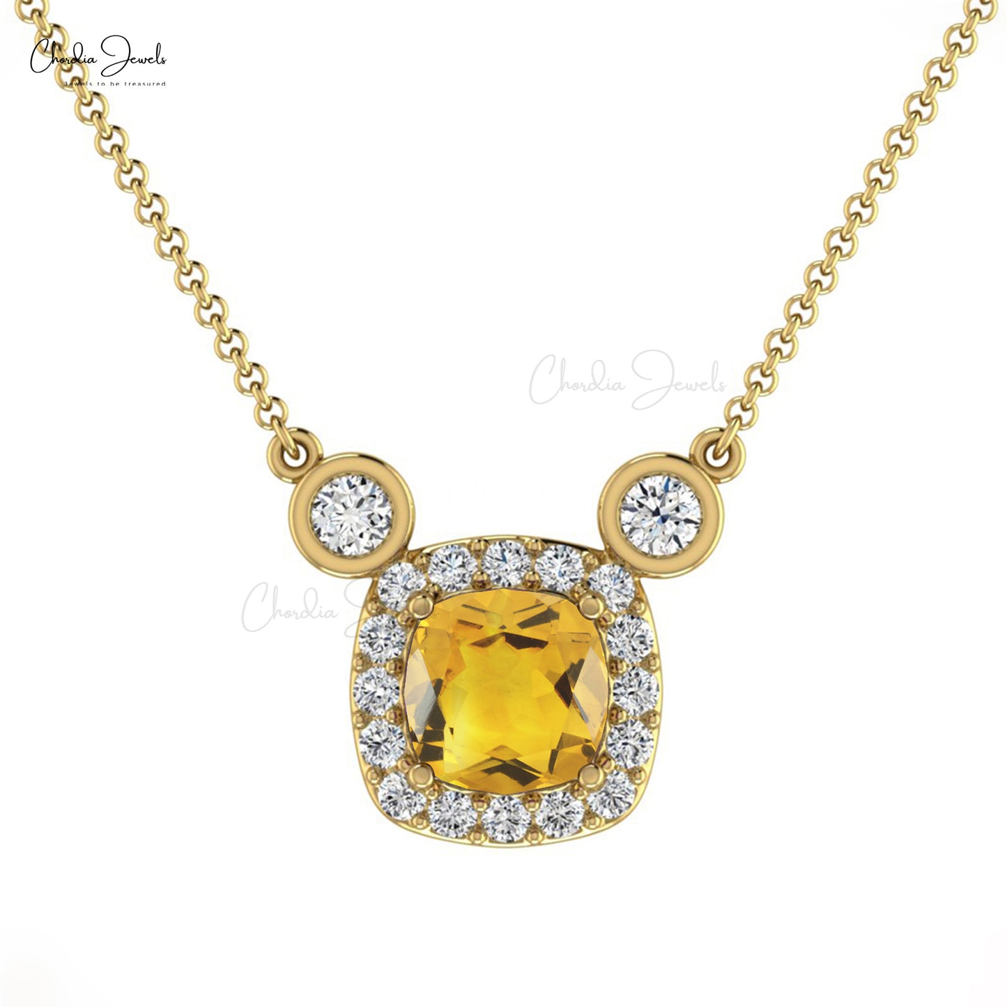 Natural Citrine Handmade Necklace 14k Solid Gold Diamond Necklace 4mm Cushion Cut Gemstone Halo Necklace For Women's