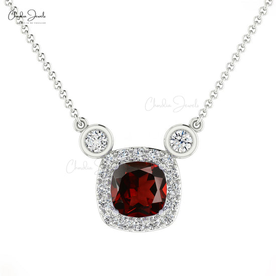 Natural Diamond Halo Garnet Necklace in 14k Solid Gold