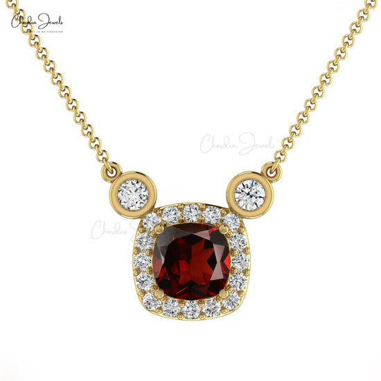 Natural Diamond Halo Garnet Necklace in 14k Solid Gold