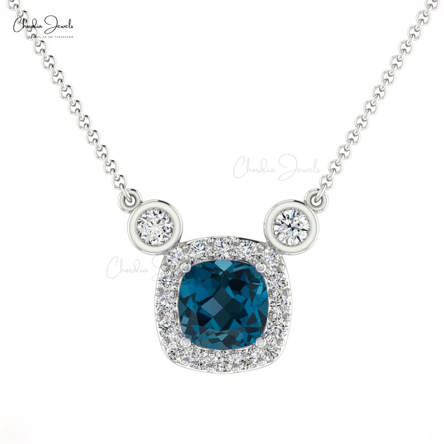 Halo Diamond Chain Necklace In 14k Solid Gold London Blue Topaz Gemstone Necklaces