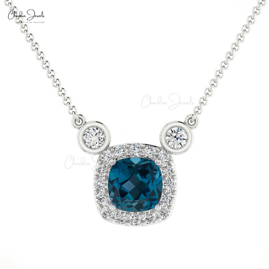 Natural London Blue Topaz Cushion Cut Handmade Necklace 14k Solid Gold Diamond Necklace 4mm Gemstone Halo Necklace For Women's