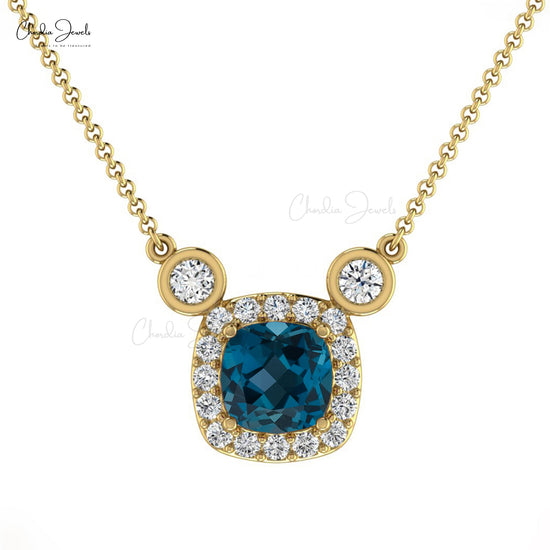 Natural London Blue Topaz Cushion Cut Handmade Necklace 14k Solid Gold Diamond Necklace 4mm Gemstone Halo Necklace For Women's