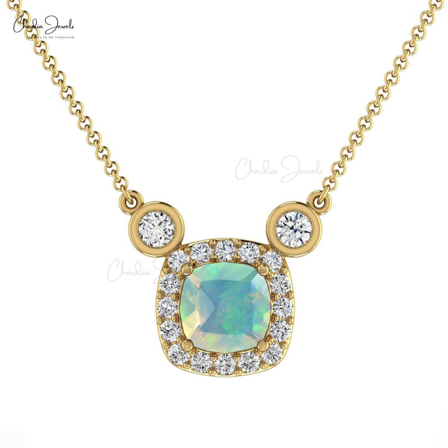 14k Solid Gold Diamond Halo Necklace Natural Ethiopian Opal Handmade Necklace 4mm Cushion Cut Gemstone Handmade Necklace For Women's