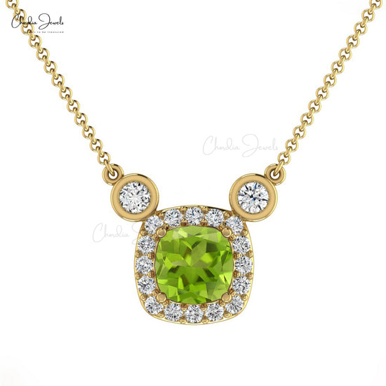 4mm Cushion Cut Gemstone Natural Peridot Handmade Necklace 14k Solid Gold Diamond Necklace For Her