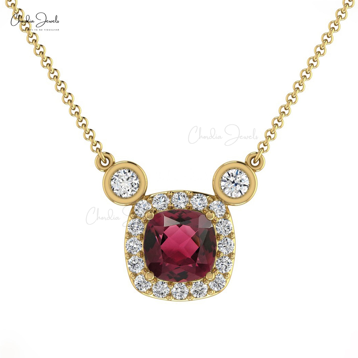 Pink Tourmaline & Diamond Halo Pendant Necklace 14K Yellow Gold