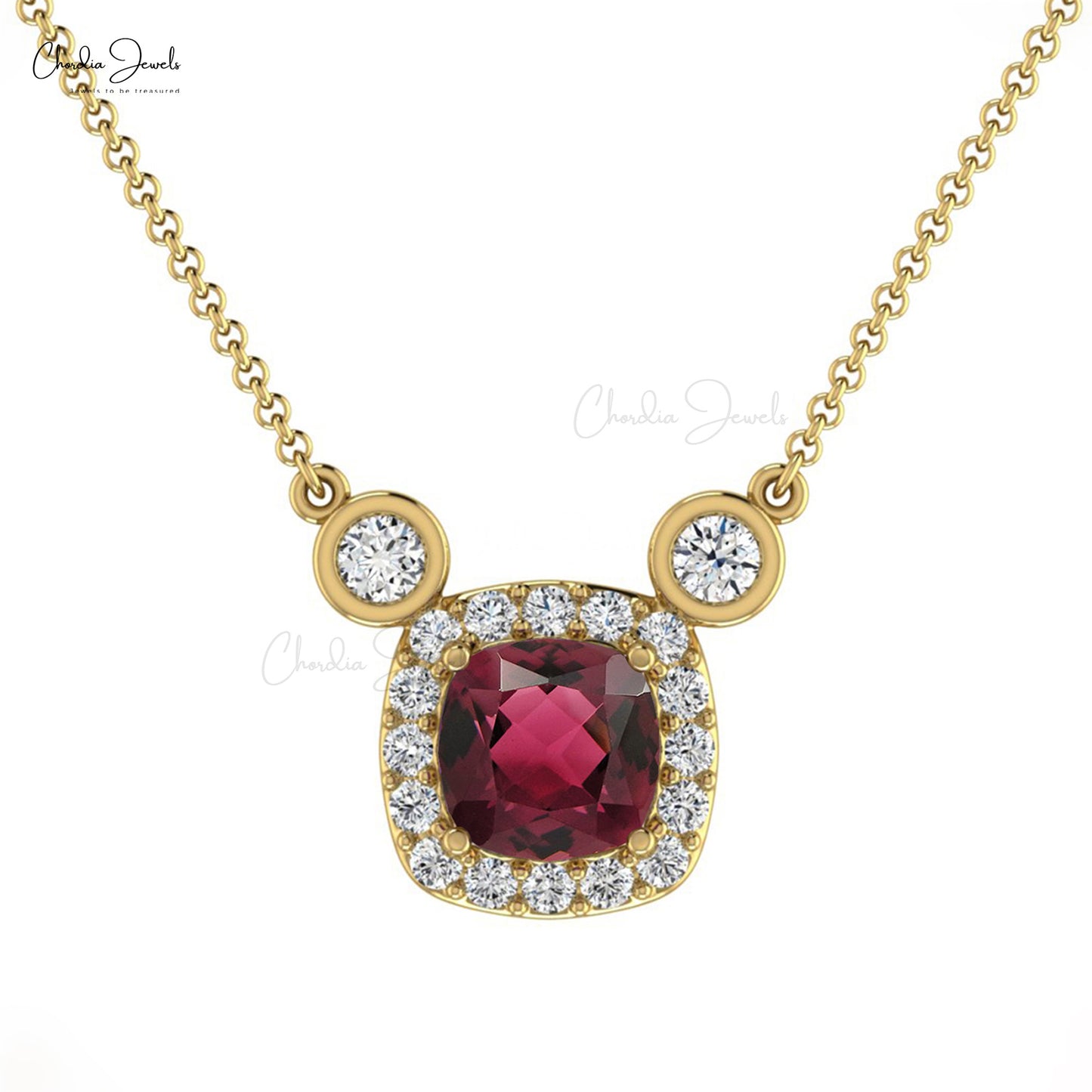 AAA Pink Tourmaline 4mm Cushion Cut Halo Necklace in 14k Gold With Diamond's