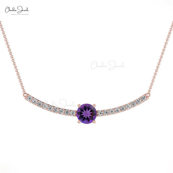 Natural Amethyst Necklace, 14k Solid Gold Diamond Necklace, 5mm Round Gemstone Necklace Gift for Her