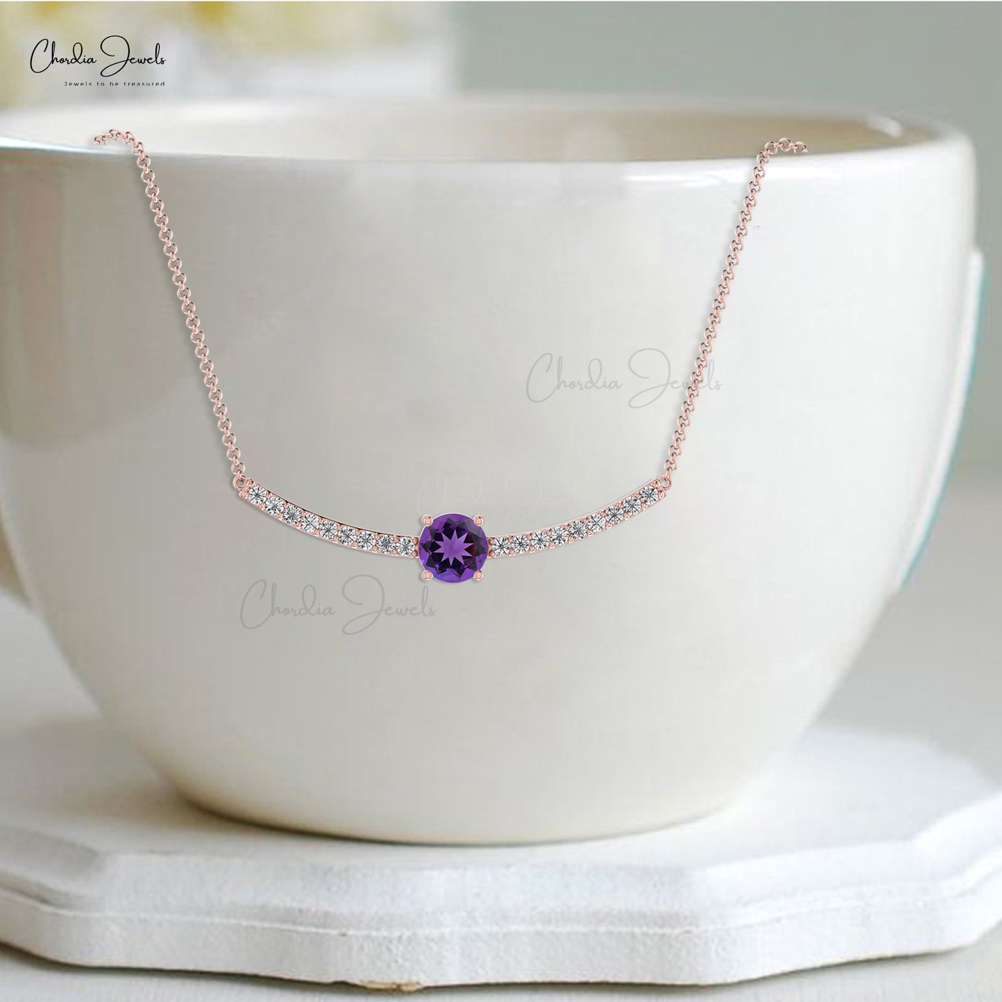 Natural Amethyst Necklace, 14k Solid Gold Diamond Necklace, 5mm Round Gemstone Necklace Gift for Her