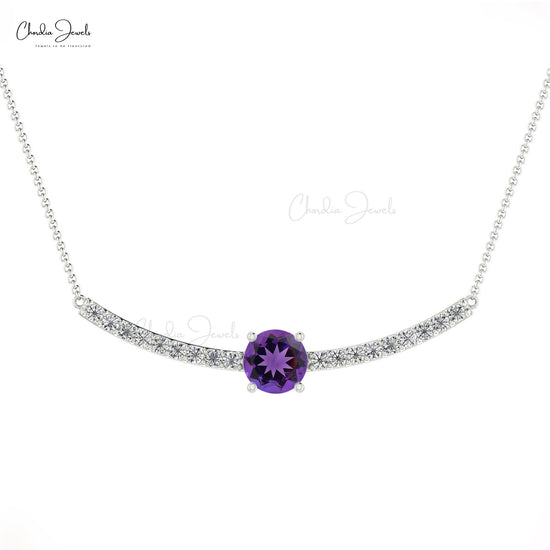 Statement 5mm Amethyst Gemstone & Diamond Accent in 14k Solid Gold Necklace