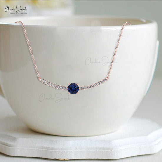 Delicate Blue Sapphire Statement Necklace 5mm Round Cut Gemstone Dainty Necklace 14k Sold Gold G-H Diamond Necklace